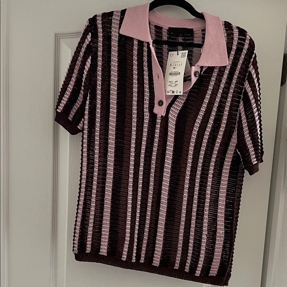 Zara Pink and Brown Striped Polo Top